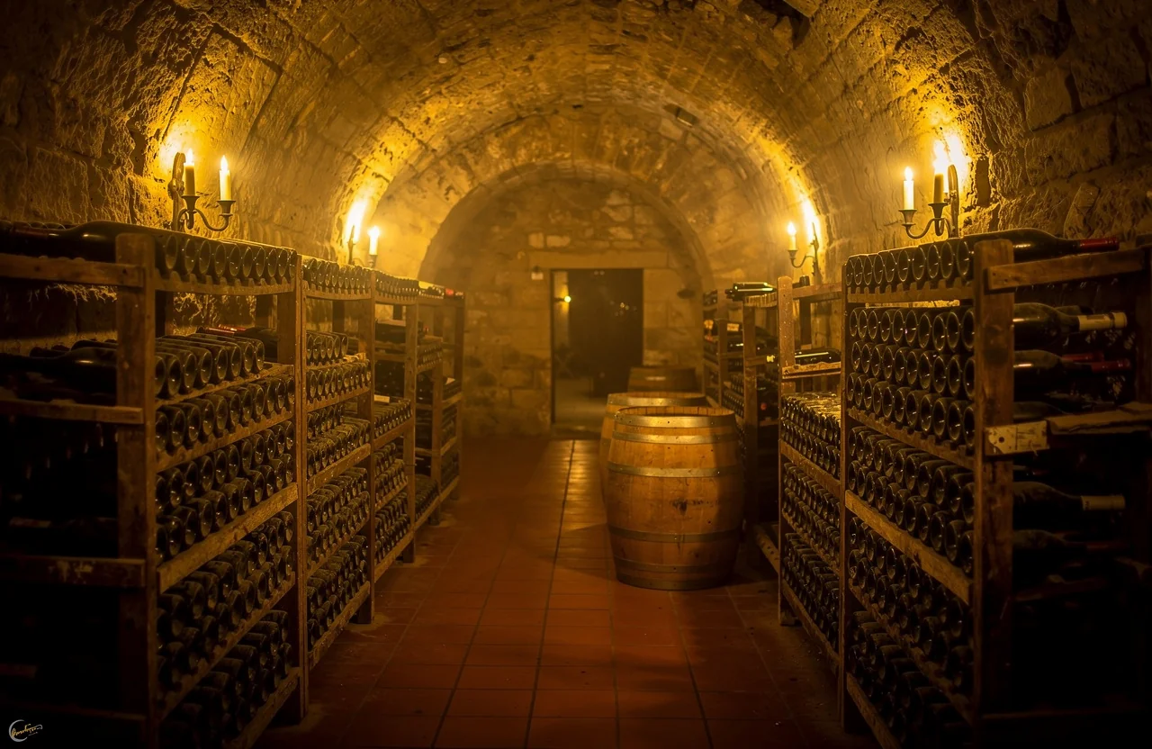 Cave traditionnelle et casiers de bouteilles