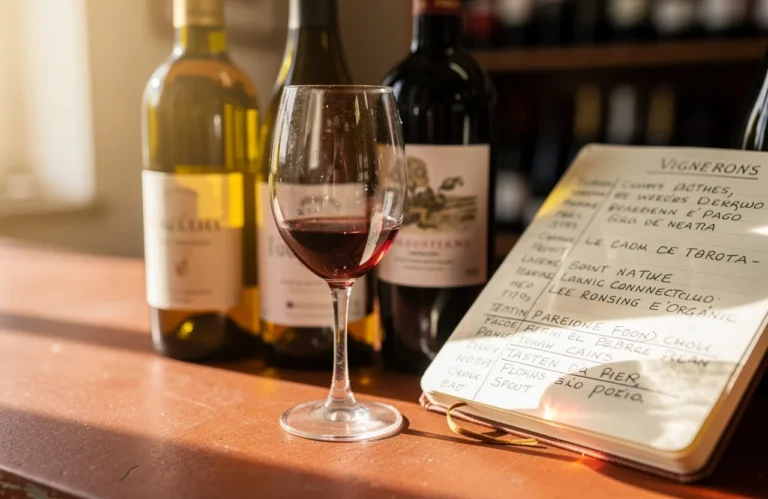 Comptoir de cave : bouteilles de vin bio et nature, carnet de dégustation ouvert