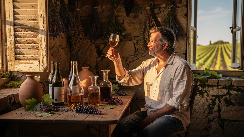 Homme dans une cave rustique dégustant du vin naturel, ambiance chaleureuse et authentique