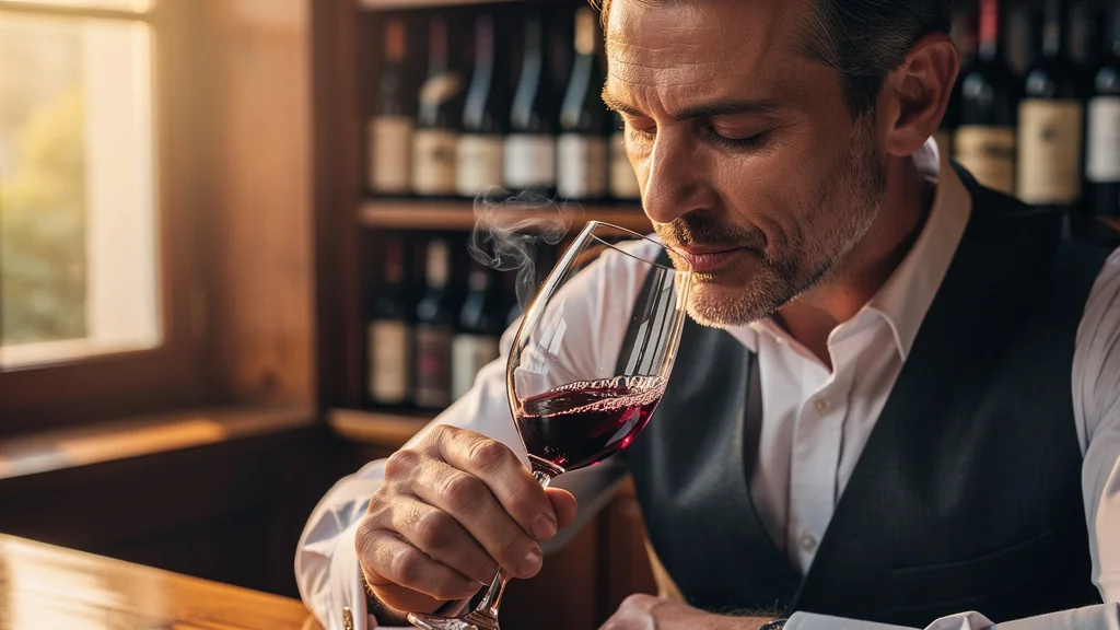 Homme dégustant un vin rouge révélant la texture et la saveur après des milliers de bouteilles goûtées