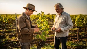 Épamprage de printemps dans une vigne, apprentissage pratique avec un vigneron ami en plein travail