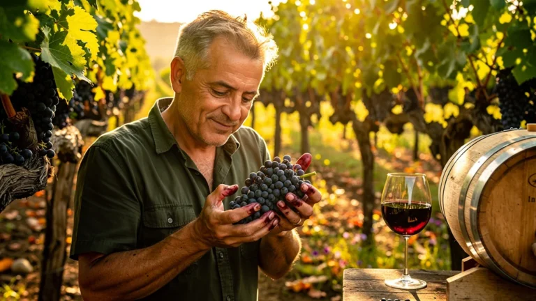 Homme découvrant le cépage Syrah dans un vignoble ensoleillé, émotion et passion pour le vin