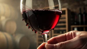Gros plan ultra-réaliste sur les larmes du vin rouge dans un verre en cave à vin tamisée