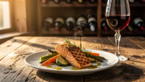 Accorder un vin rouge avec du poisson : plat de saumon et verre de vin rouge en lumière naturelle