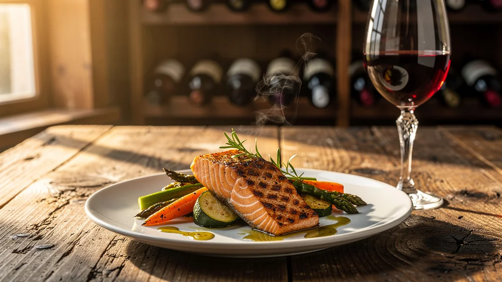 Accorder un vin rouge avec du poisson : plat de saumon et verre de vin rouge en lumière naturelle