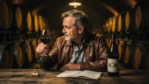 Homme quinquagénaire réfléchissant à une désillusion sur un grand vin dans une cave à vin ancienne