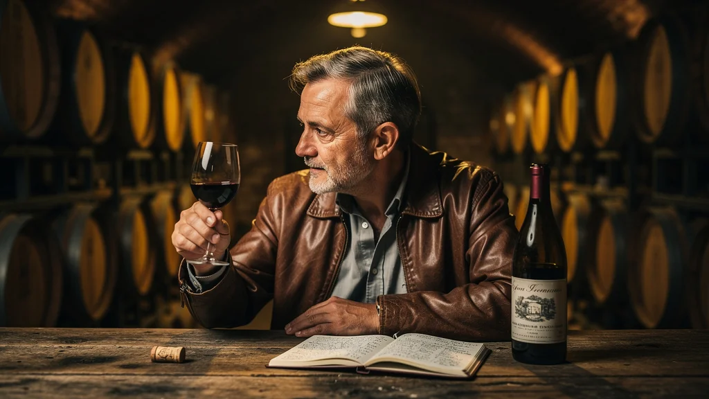 Homme quinquagénaire réfléchissant à une désillusion sur un grand vin dans une cave à vin ancienne