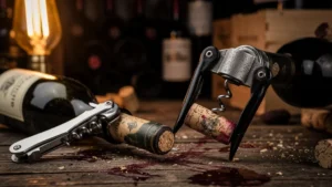 Comparaison réaliste de deux tire-bouchons sur des bouchons de vin récalcitrants sur une table en bois rustique