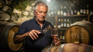Décanter un vin nature en cave rustique avec un homme expérimenté autour de 55 ans, lumière chaleureuse