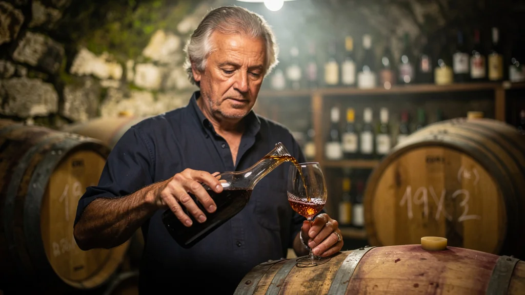 Décanter un vin nature en cave rustique avec un homme expérimenté autour de 55 ans, lumière chaleureuse