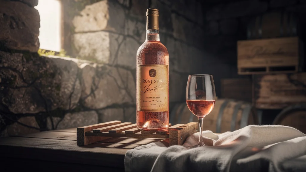 Bouteille de rosé âgée de deux ans en cave, ambiance authentique et lumière tamisée en cave à vin