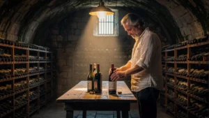 Image réaliste d'une cave à vin ancienne avec bouteilles négligées et homme pensif à 55 ans