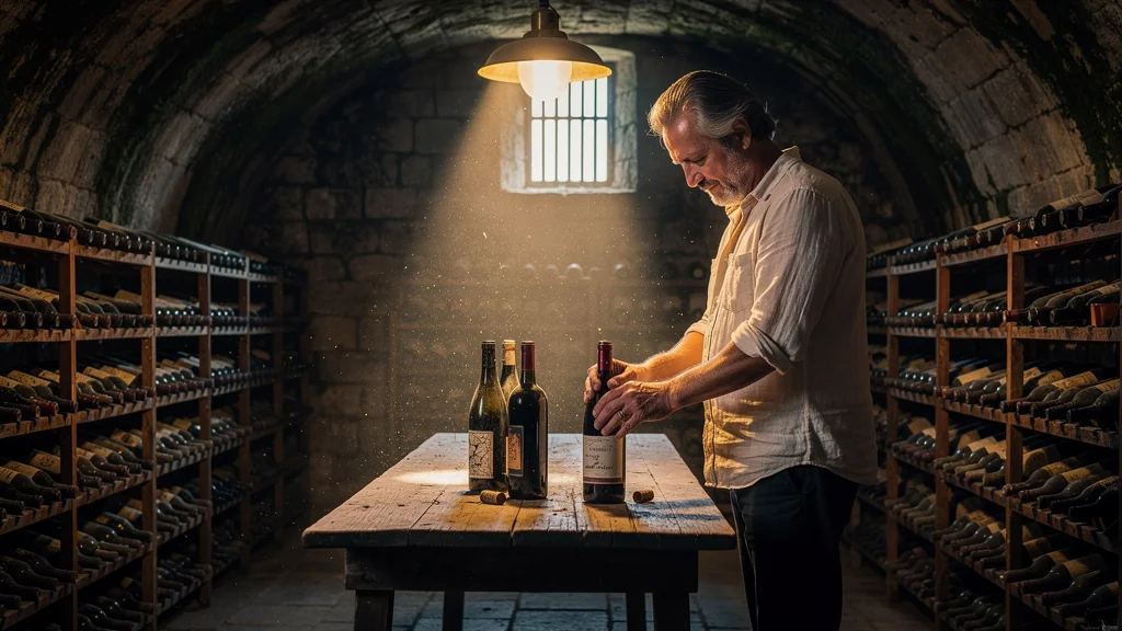 Image réaliste d'une cave à vin ancienne avec bouteilles négligées et homme pensif à 55 ans