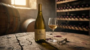 Bouteille de Chenin Blanc ouverte quatre jours sur table rustique en cave à vin chaleureuse