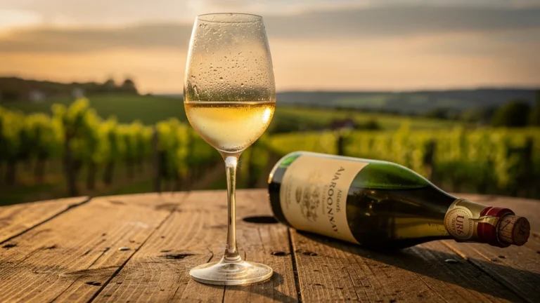 Verre de Chardonnay du Jura sur table rustique au coucher du soleil, ambiance chaleureuse et authentique