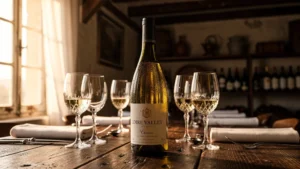 Bouteille et verres de Chenin de Loire sur table élégante illuminée par lumière naturelle dorée