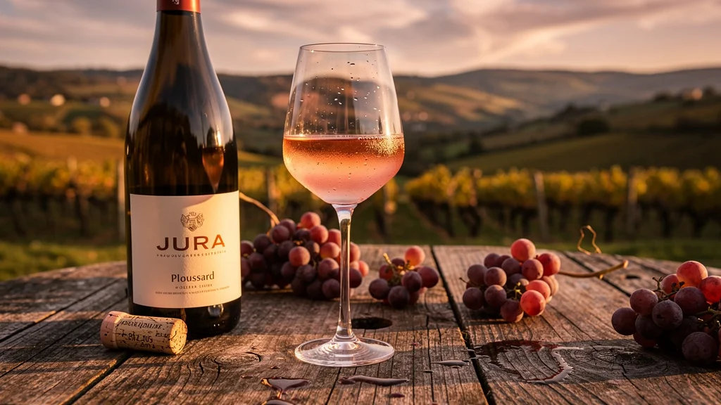 Verre de Ploussard du Jura pâle posé sur table en bois avec vignoble en arrière-plan au coucher du soleil
