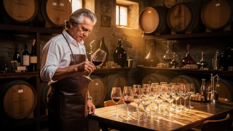 Caviste expérimenté dégustant du vin dans un cellier avec des verres coûteux en cristal, questionnant le goût