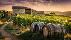 Paysage hyper-réaliste de vignobles blancs du Jura ou de la Loire au coucher du soleil pour vins vieillissants