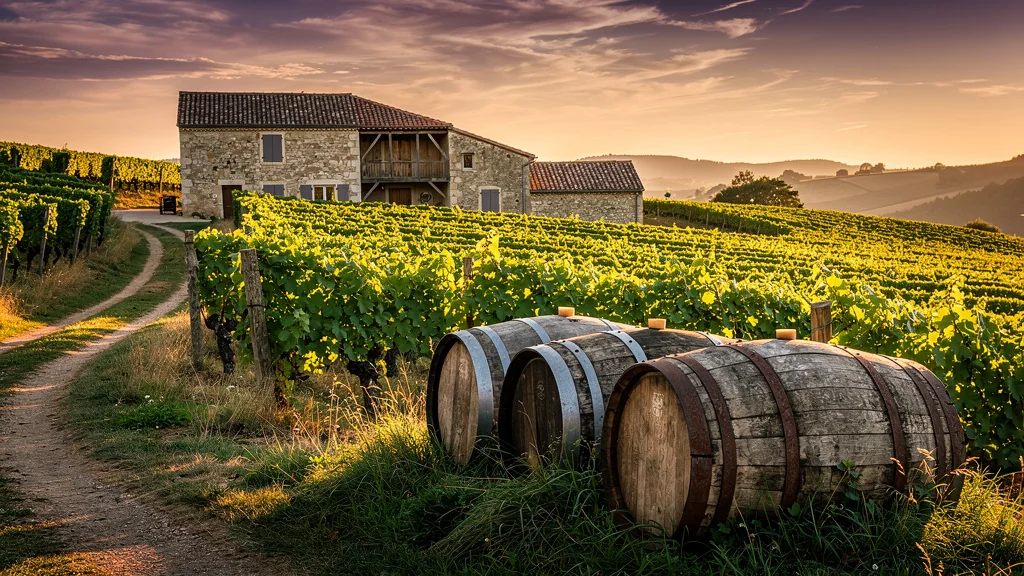 Paysage hyper-réaliste de vignobles blancs du Jura ou de la Loire au coucher du soleil pour vins vieillissants
