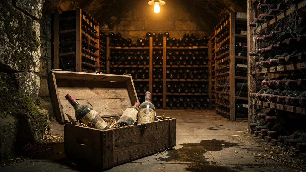 Cave de garde ancienne avec bouteilles oubliées et poussiéreuses, ambiance chaleureuse et rustique