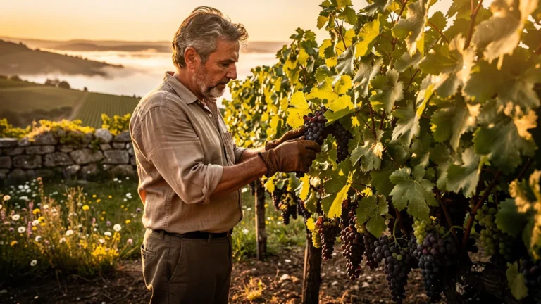 Vendanges dans le Rhône avec un homme de 55 ans explorant les raisins pour comprendre le vin