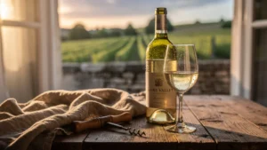 Bouteille de vin blanc de Loire ouverte trop tard sur table rustique, fraîcheur perdue, ambiance mélancolique