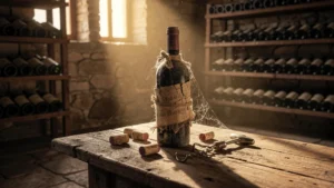 Ancienne bouteille de vin dans une cave rustique symbolisant espoir et vérité