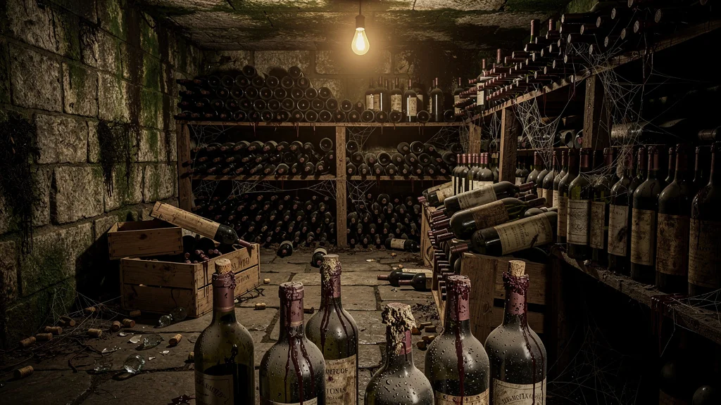 Cave à vin désordonnée avec bouteilles oubliées jusqu'à l'aigre, ambiance sombre et textures vieillies