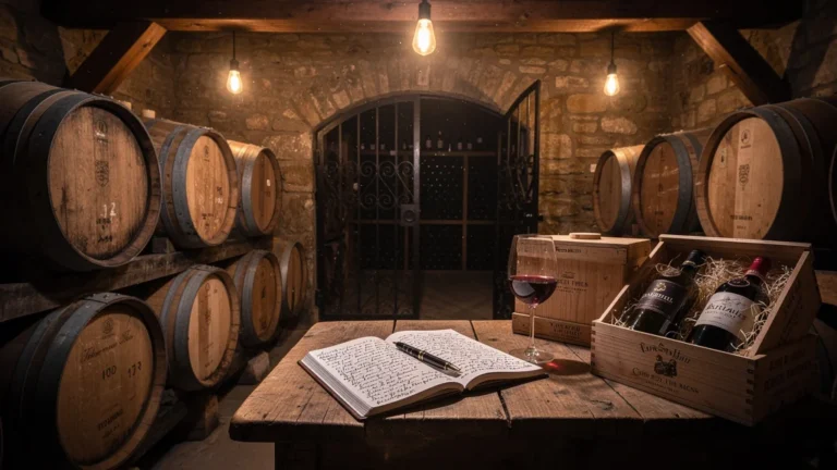 Intérieur hyperréaliste d'une cave de garde avec fûts en bois et ambiance chaleureuse pour débutants