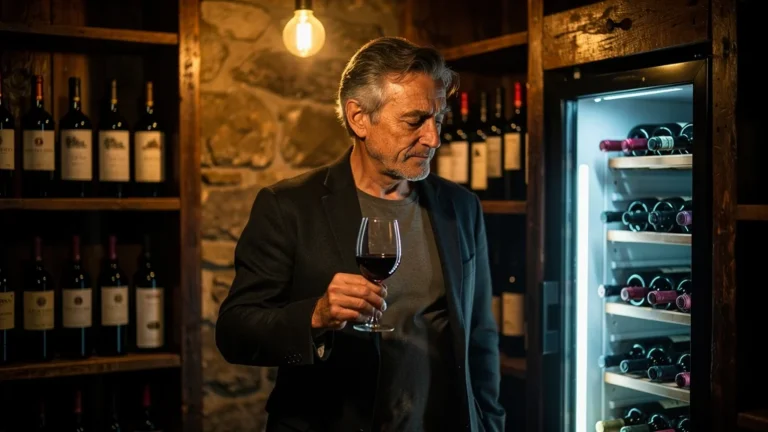Homme d'âge mûr dans une cave à vin, réfléchissant à l'erreur de servir ses rouges trop chambrés