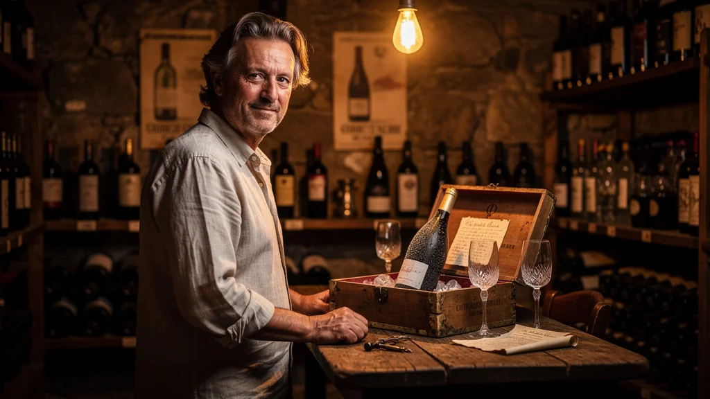 Ancien caviste humble avec bouteille de vin trop froide dans une cave rustique en lumière chaude