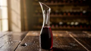 Un aérateur en verre inséré dans une bouteille de jeune vin rouge encore fermée sur table en bois