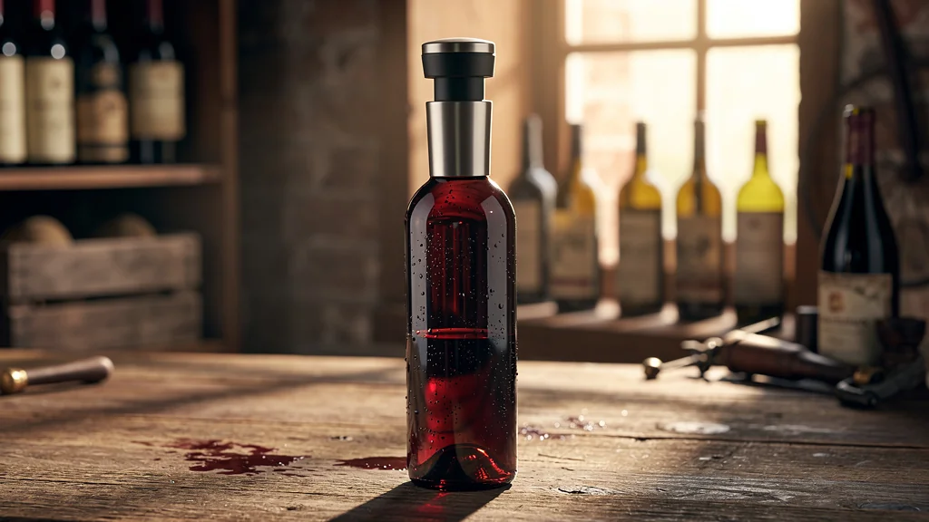 Bouchon pompe à vide préservant un vin entamé sur une table en bois rustique, ambiance chaleureuse et réaliste