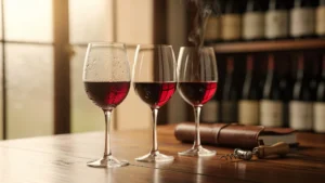 Verres de pinot de Bourgogne servis à trois températures différentes sur une table en bois élégante