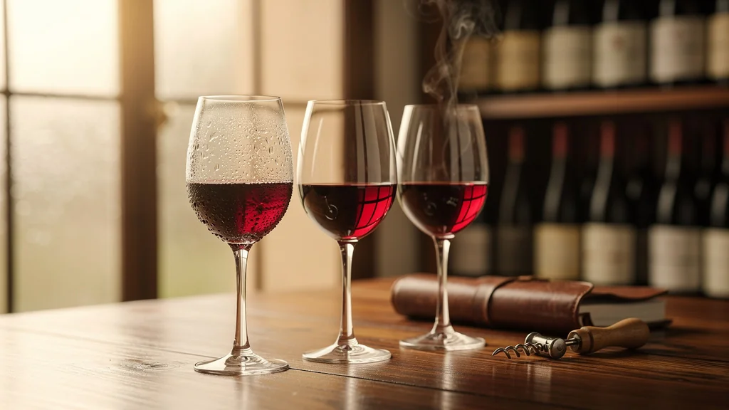 Verres de pinot de Bourgogne servis à trois températures différentes sur une table en bois élégante