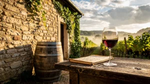 Photographie ultra-réaliste d’un Pinot Noir de Bourgogne dégusté chez le vigneron, ambiance authentique et terroir