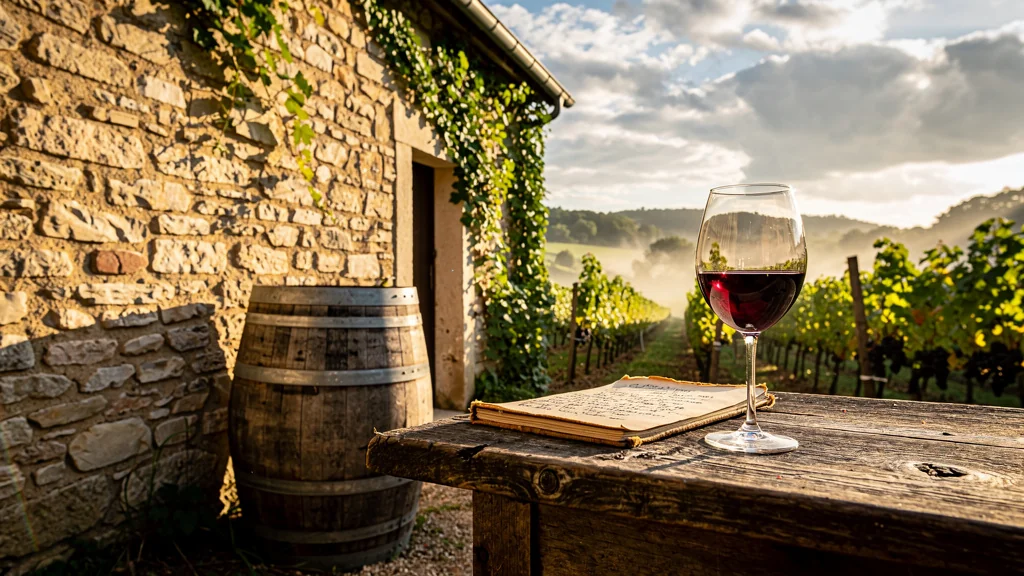 Photographie ultra-réaliste d’un Pinot Noir de Bourgogne dégusté chez le vigneron, ambiance authentique et terroir
