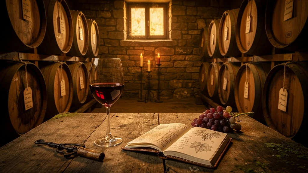 Intérieur d’une cave à vin rustique avec barriques et verre de vin bio, ambiance chaleureuse et authentique
