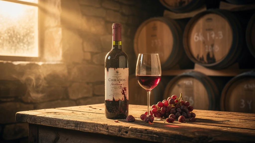 Scène réaliste d'une dégustation de vin nature avec défauts visibles en cave rustique lumineuse